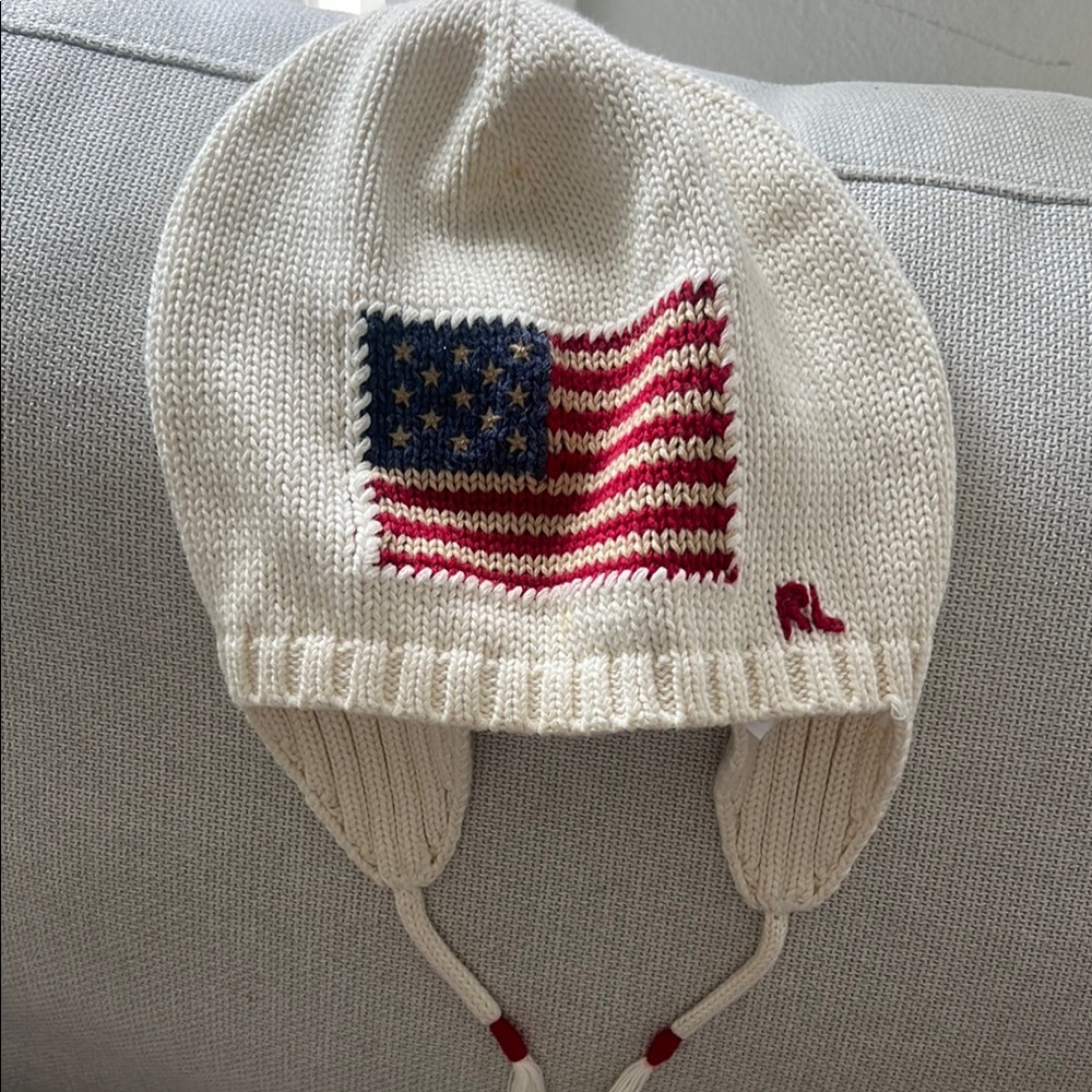 Ralph Lauren Kids Cream Knit Hat with Flag Design